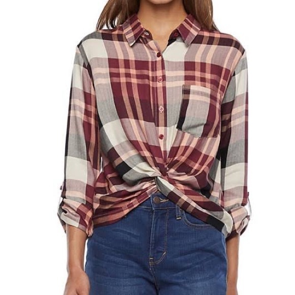 Belle Du Jour Tops - Belle du jour | Plaid front knot long sleeved button up shirt